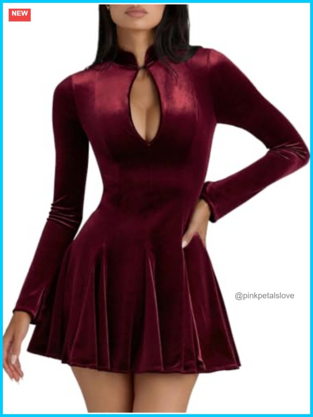 Women's Velvet Long Sleeve Fit and Flare Mini Dress Keyhole Neck